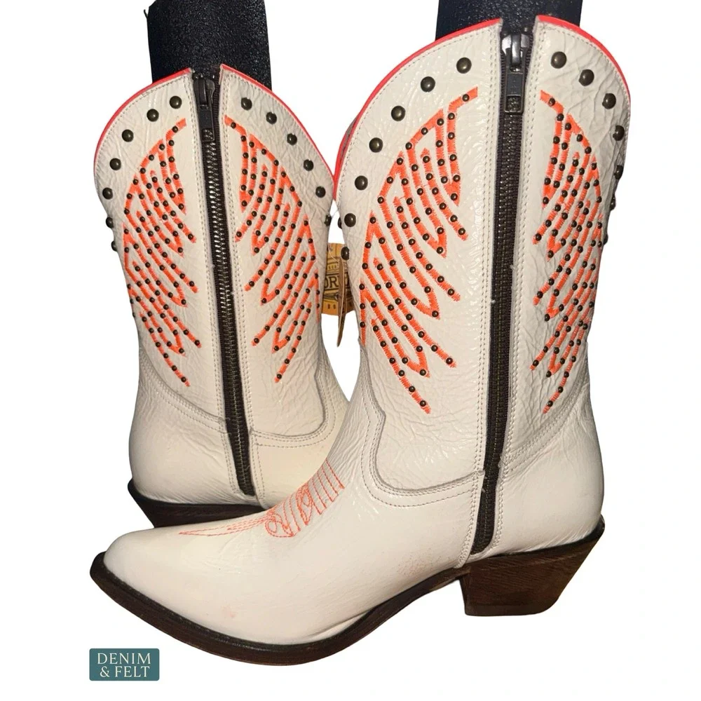 NEW Corral Fluorescent Studded White Pink Western Cowgirl Boots Round Toe Size 8